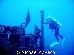 Barbara Winn on the wreck of the Duane out of Key Largo by Michael Kovach 